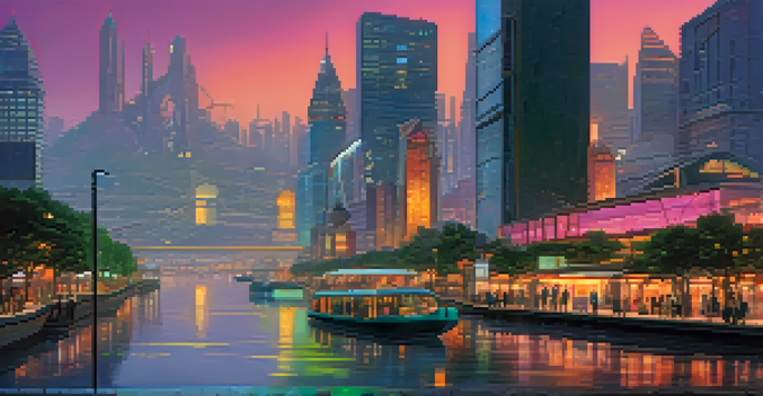 A futuristic city skyline illuminated by neon lights at dusk, with flying vehicles and a calm river reflecting the bright colors.