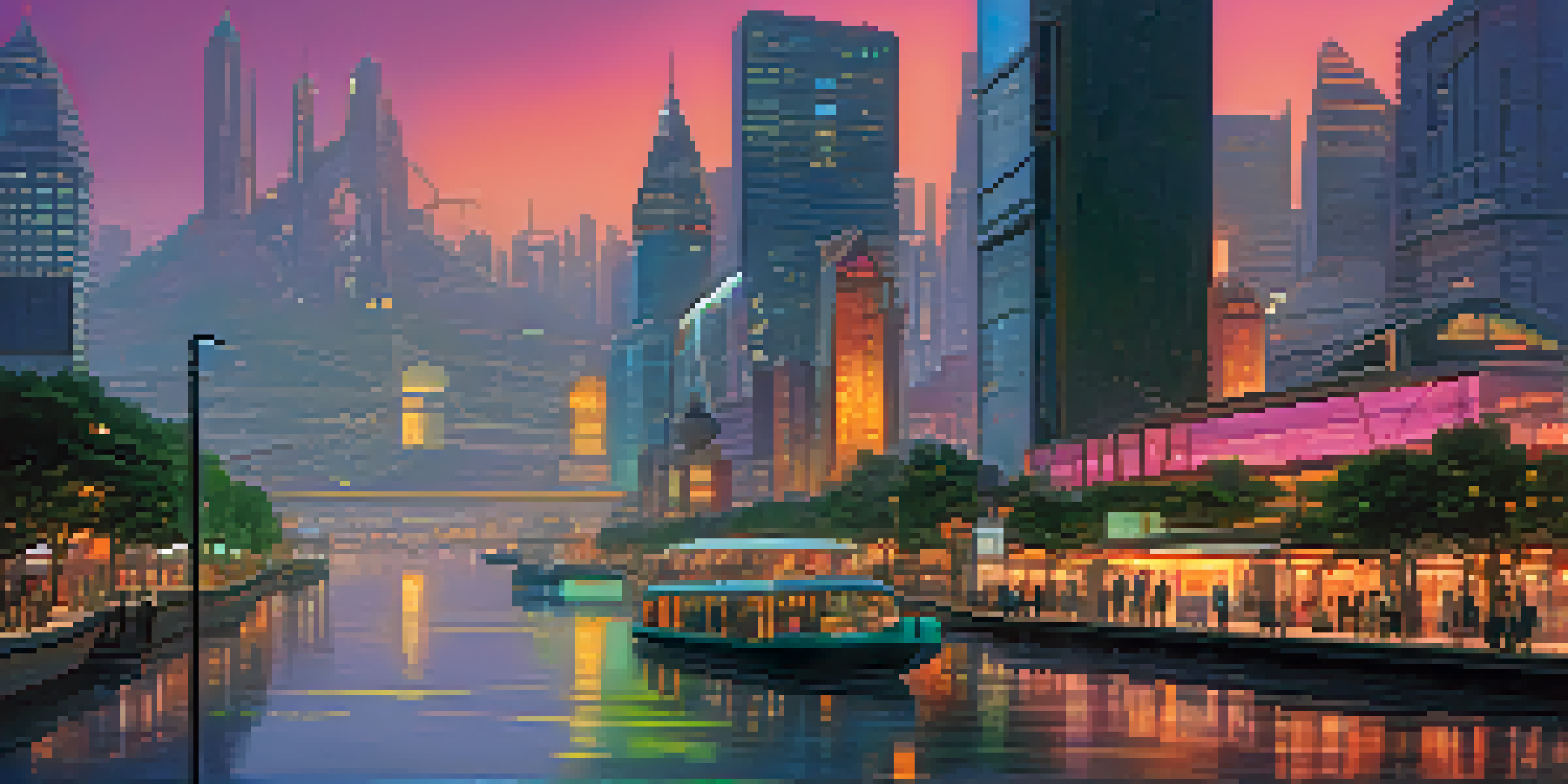 A futuristic city skyline illuminated by neon lights at dusk, with flying vehicles and a calm river reflecting the bright colors.
