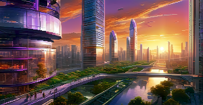 A vibrant futuristic cityscape combining nature and technology, with green skyscrapers and a colorful sunset.