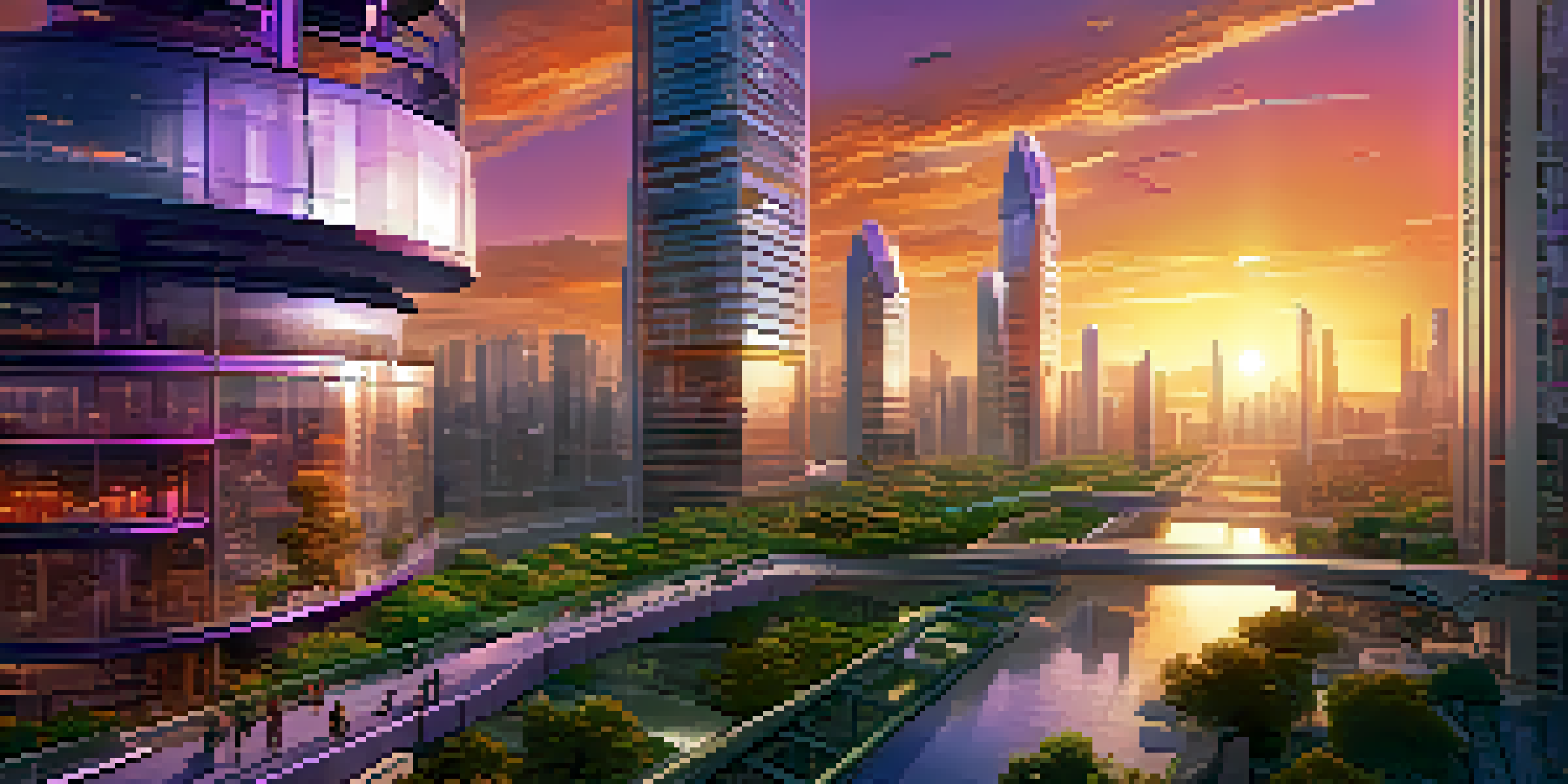A vibrant futuristic cityscape combining nature and technology, with green skyscrapers and a colorful sunset.