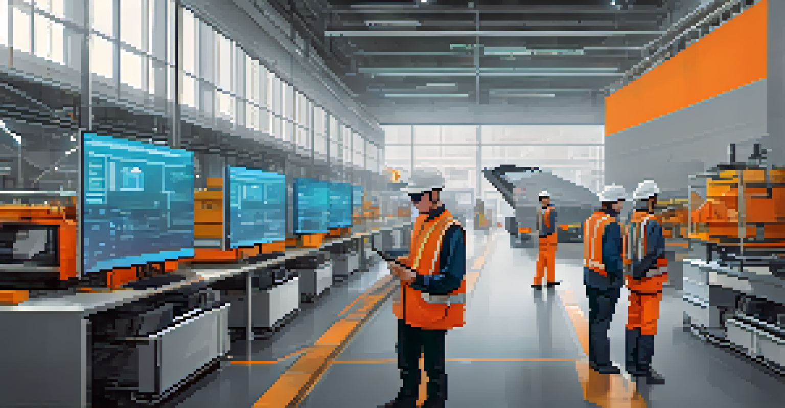Futuristic logistics center with workers and machines processing shipments using Ethereum smart contracts displayed on screens.