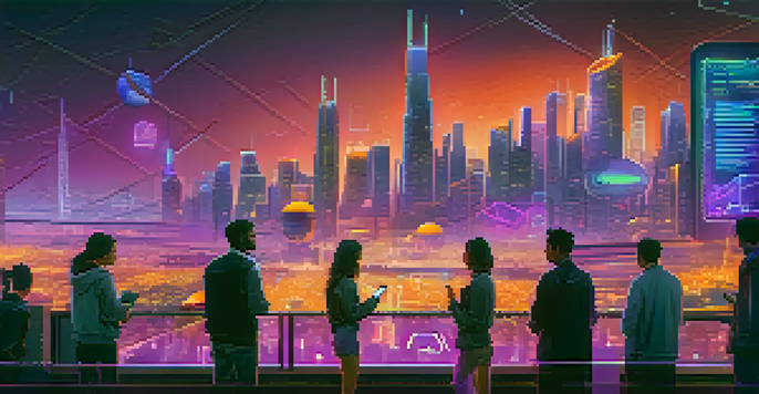 A skyline of a futuristic city at dusk with neon lights and digital currency symbols, featuring diverse people using digital devices in the foreground.