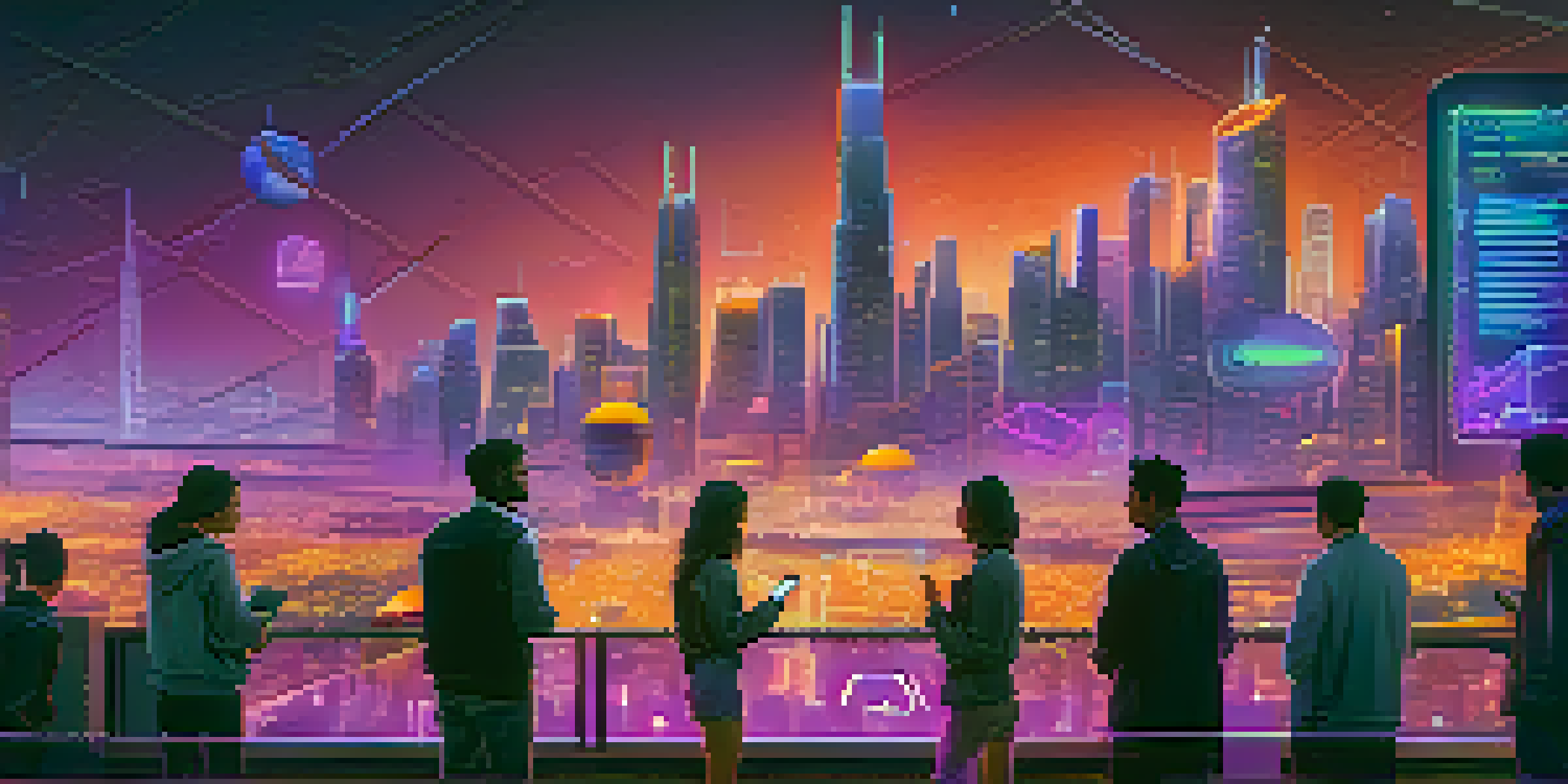 A skyline of a futuristic city at dusk with neon lights and digital currency symbols, featuring diverse people using digital devices in the foreground.