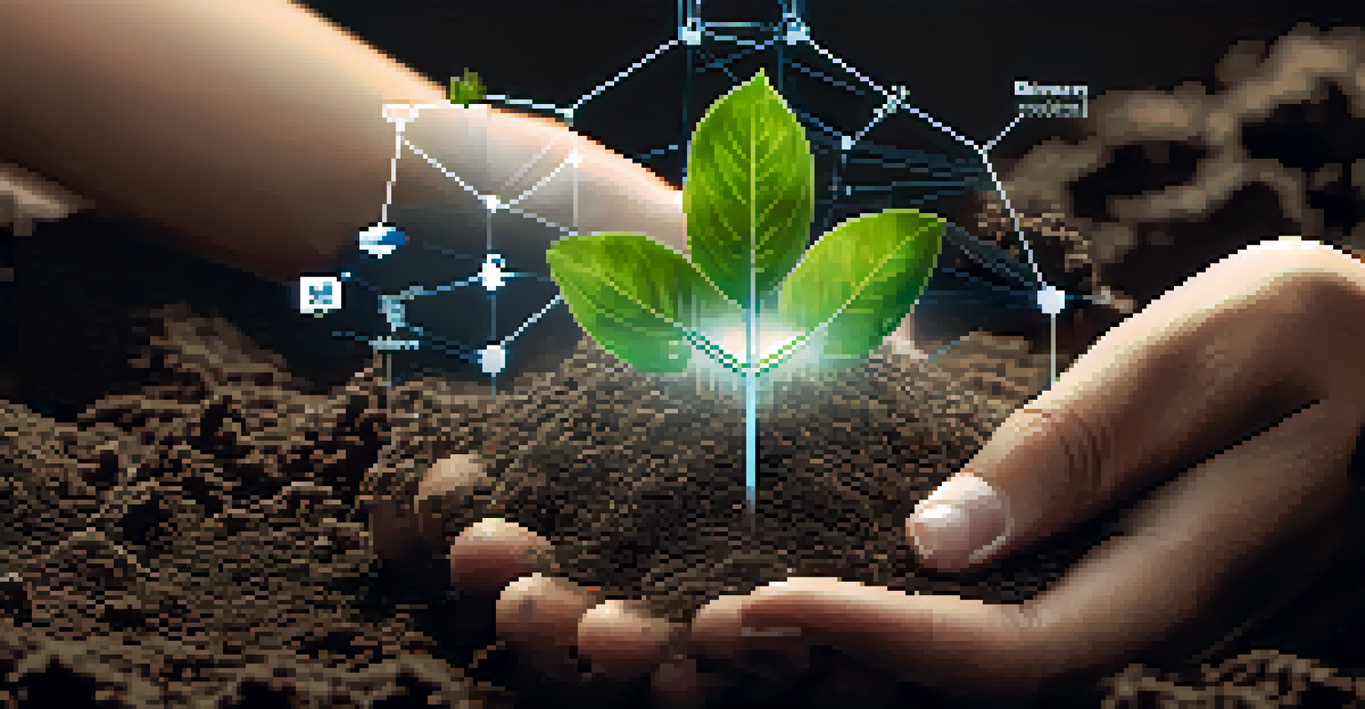 Close-up of hands planting seeds in soil with a digital blockchain overlay.