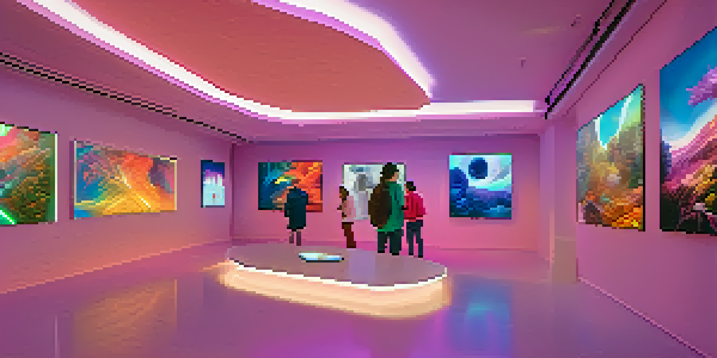 A futuristic digital art gallery filled with people admiring vibrant NFTs displayed on glowing screens.