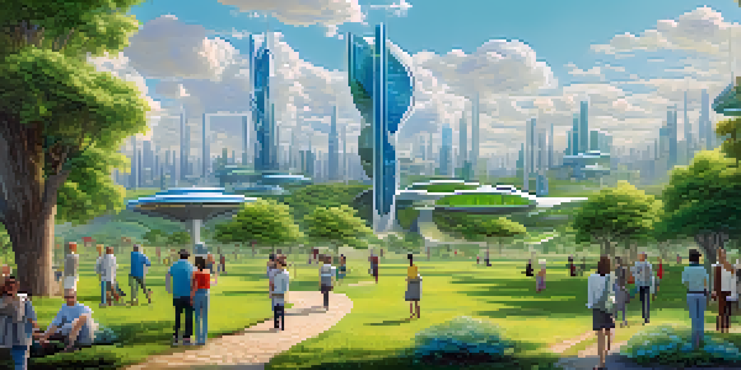 A futuristic cityscape with green spaces and solar panels under a bright blue sky, depicting harmony between technology and nature.