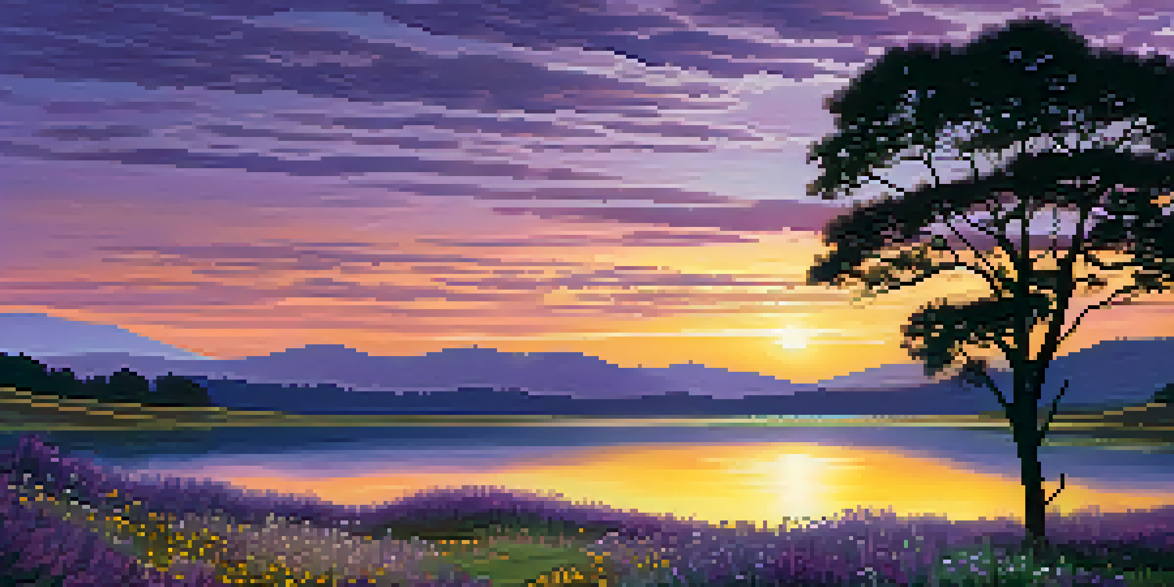 A calm landscape with a colorful sunset, a lake, wildflowers, and a silhouette of a tree.