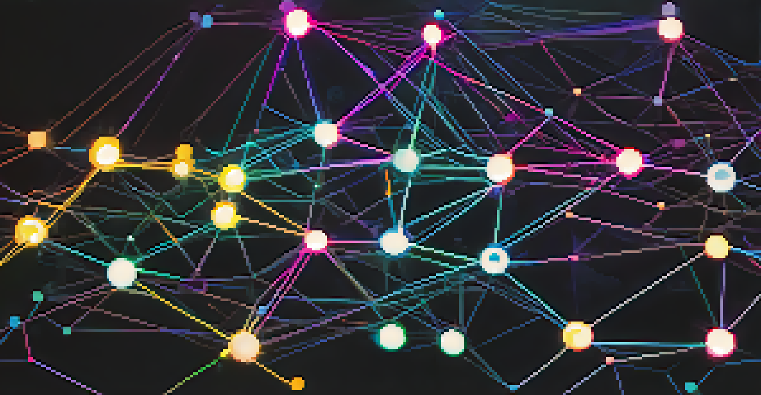 A detailed illustration of a blockchain network with glowing nodes and chains against a dark background.