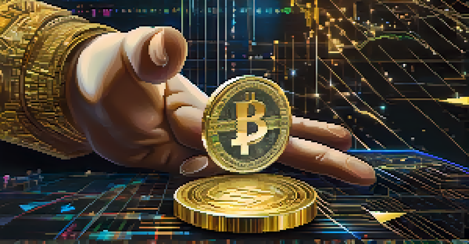 A close-up of a golden Ethereum token held in a hand, with digital charts and graphs in the background.