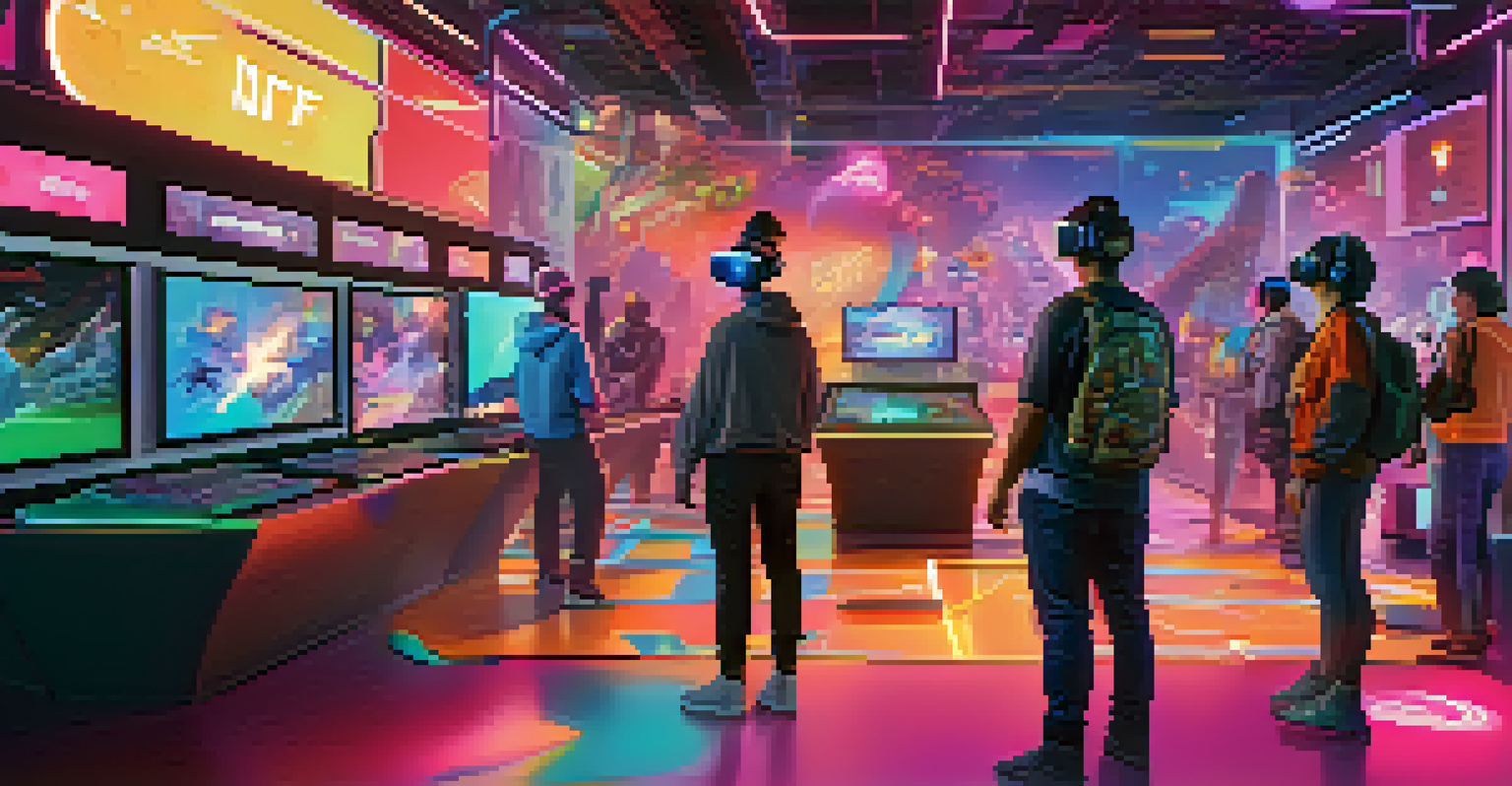 Gamers in a virtual reality setting interacting with colorful digital assets as NFTs, with futuristic characters and glowing ownership icons.