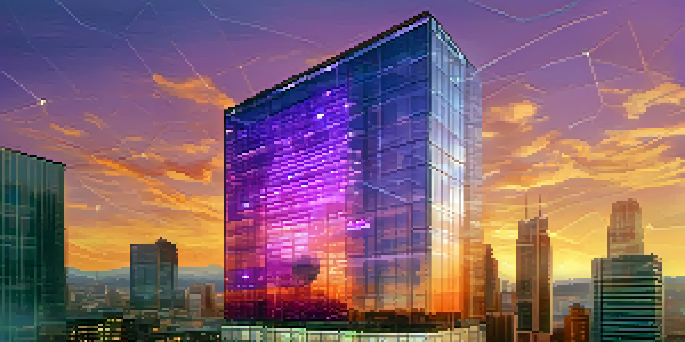 A modern office building with digital tokens floating around it, set against a sunset skyline.