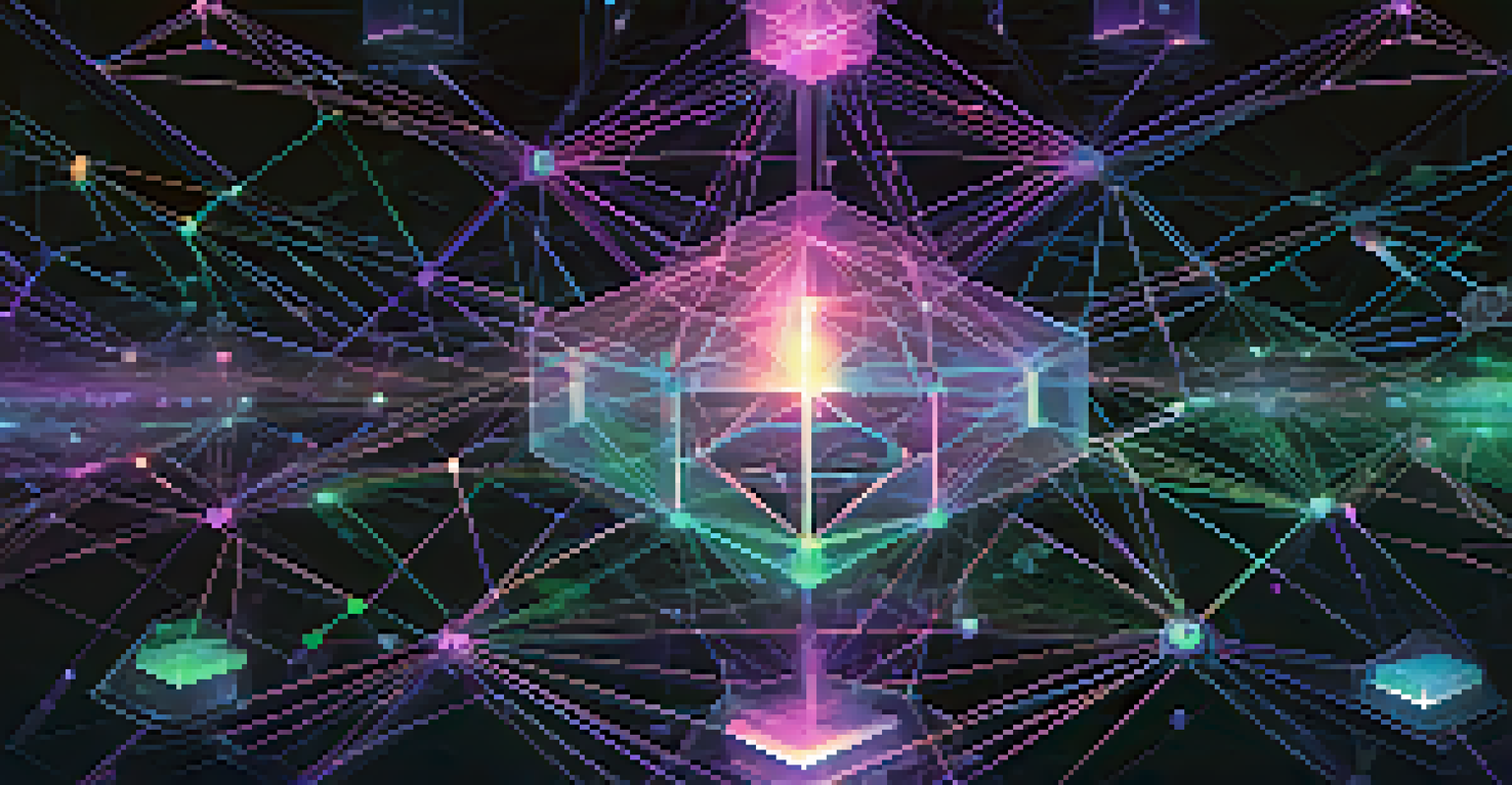 A futuristic visualization of a blockchain network with interconnected glowing nodes and lines on a dark background.