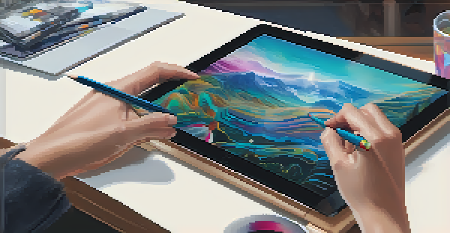 A close-up of a digital artist creating an NFT on a tablet with colorful designs visible on the screen.