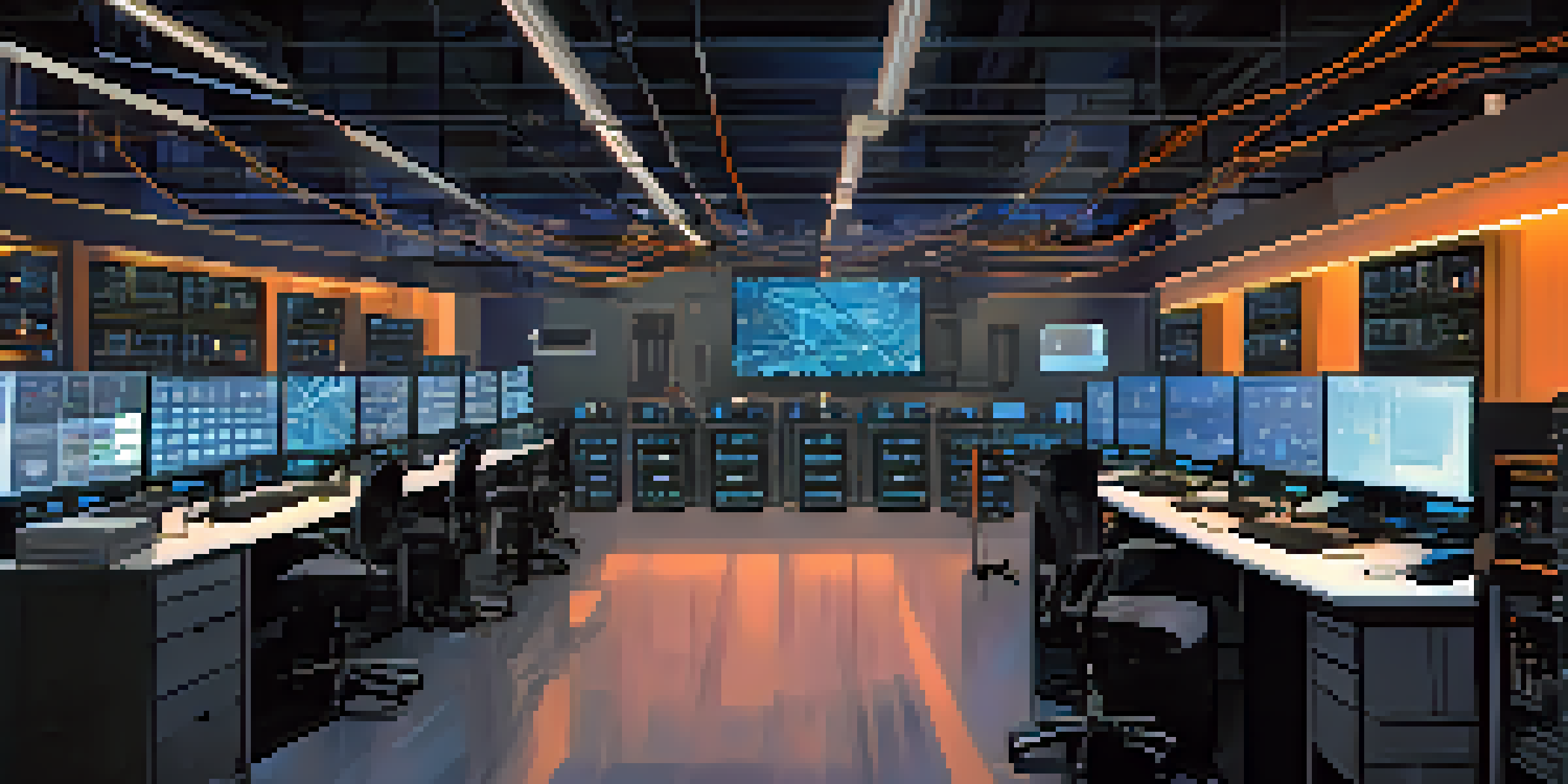 A computer lab filled with powerful mining rigs, glowing LED lights, and screens showing Ethereum mining data, with a cityscape in the background at night.