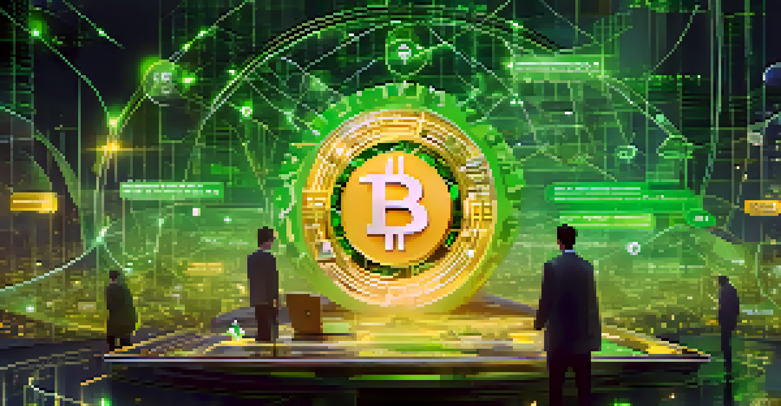 A conceptual illustration of ERC-1155 tokens in a decentralized finance platform, showing charts and digital assets flowing together in a harmonious design.