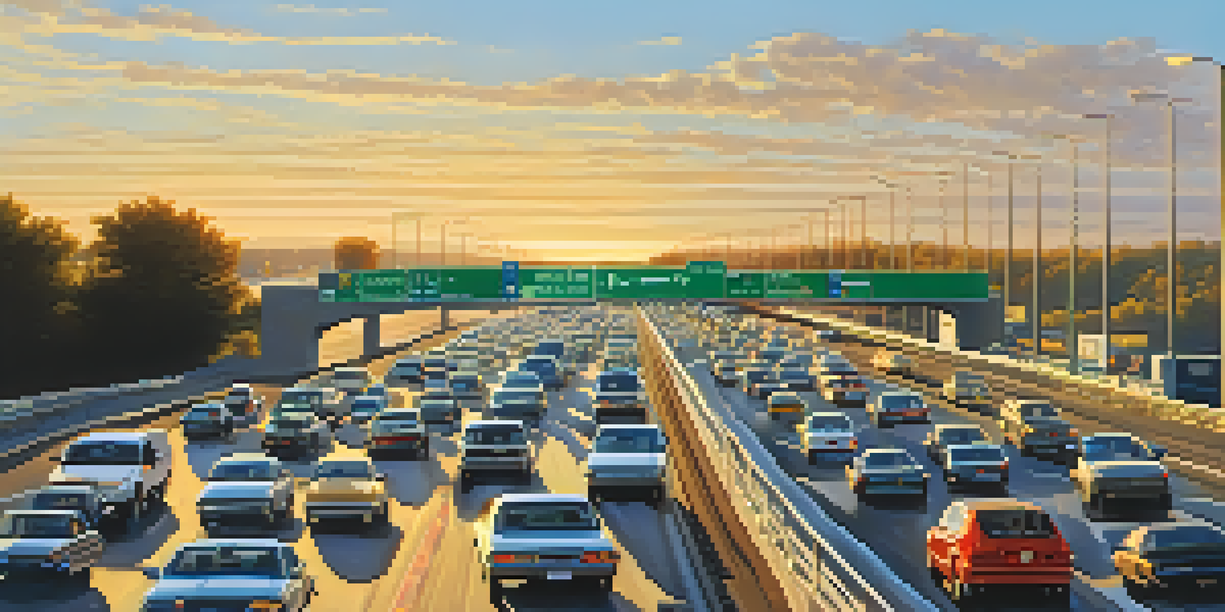 A highway with heavy traffic on one lane and smooth flowing cars on an express lane, with a clear blue sky and warm golden hour lighting.