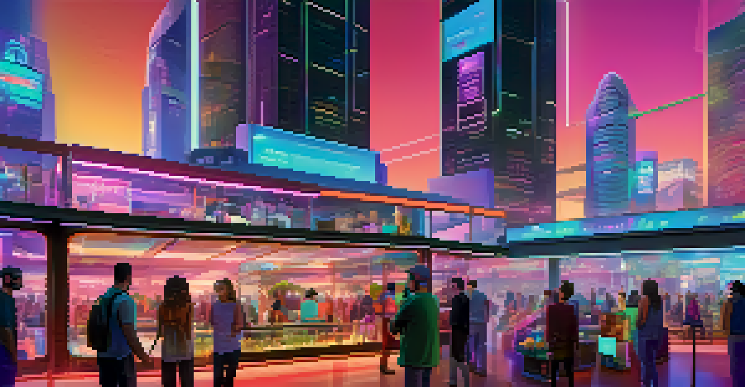 A lively virtual marketplace with users trading NFTs and holographic displays of digital properties against a neon-lit city skyline.