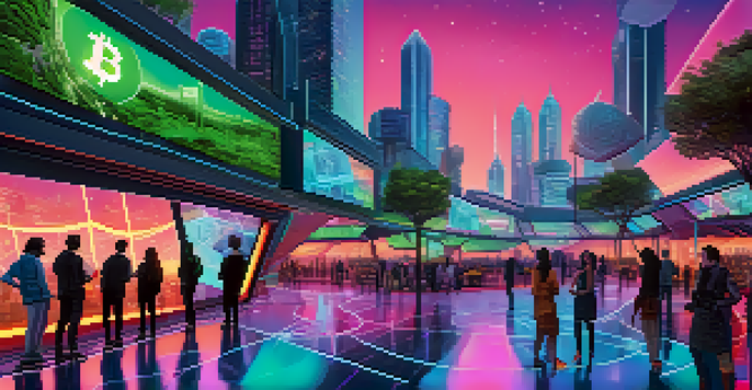 A colorful futuristic cityscape showing people engaging with digital screens about cryptocurrency in a modern urban setting.
