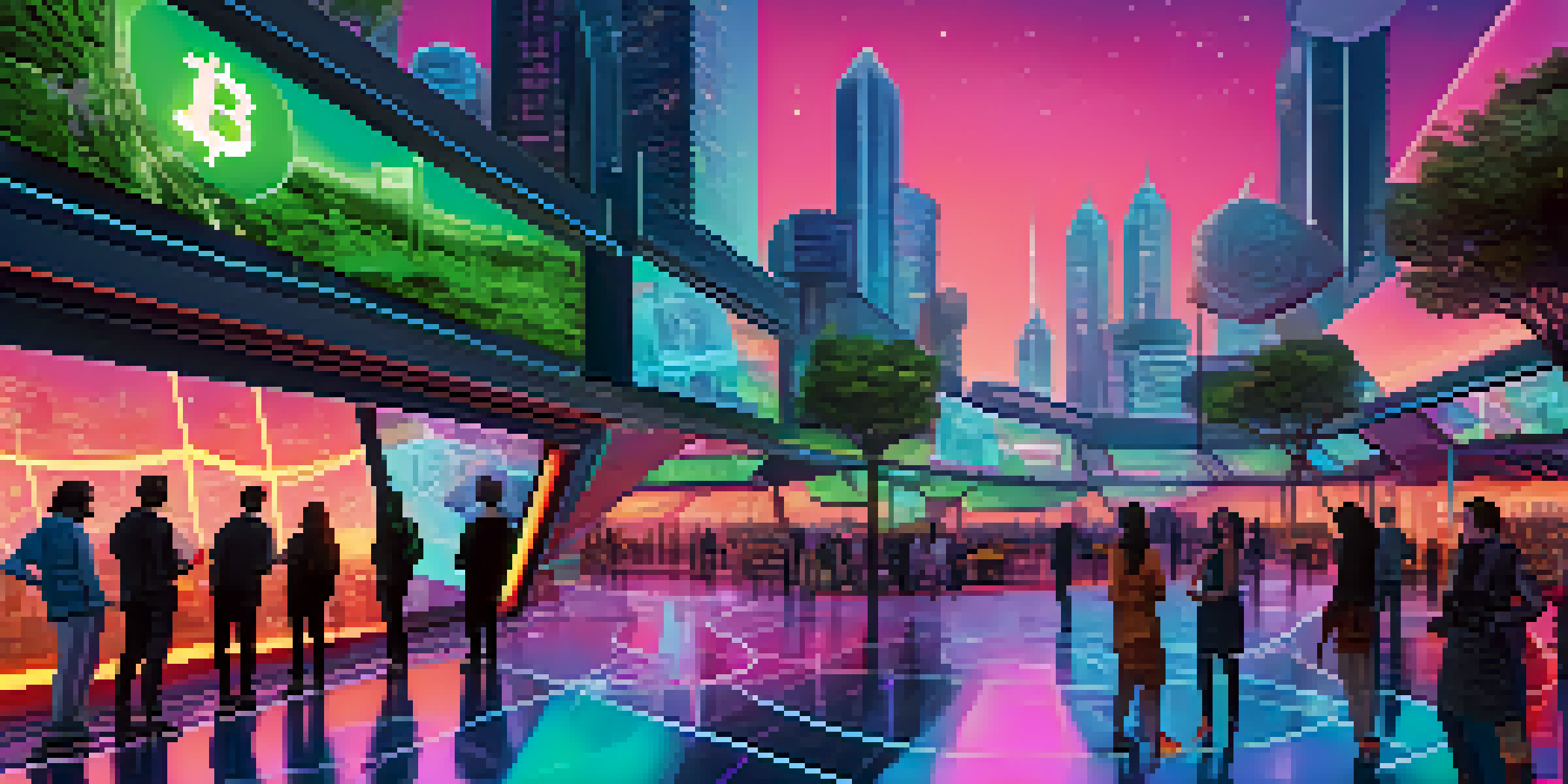 A colorful futuristic cityscape showing people engaging with digital screens about cryptocurrency in a modern urban setting.