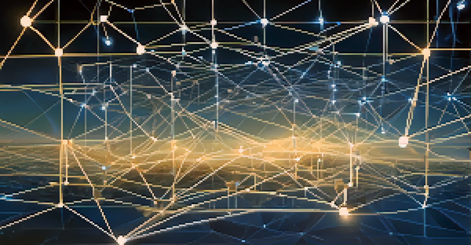 An artistic representation of a blockchain network with glowing nodes and interconnected lines illustrating data flow.