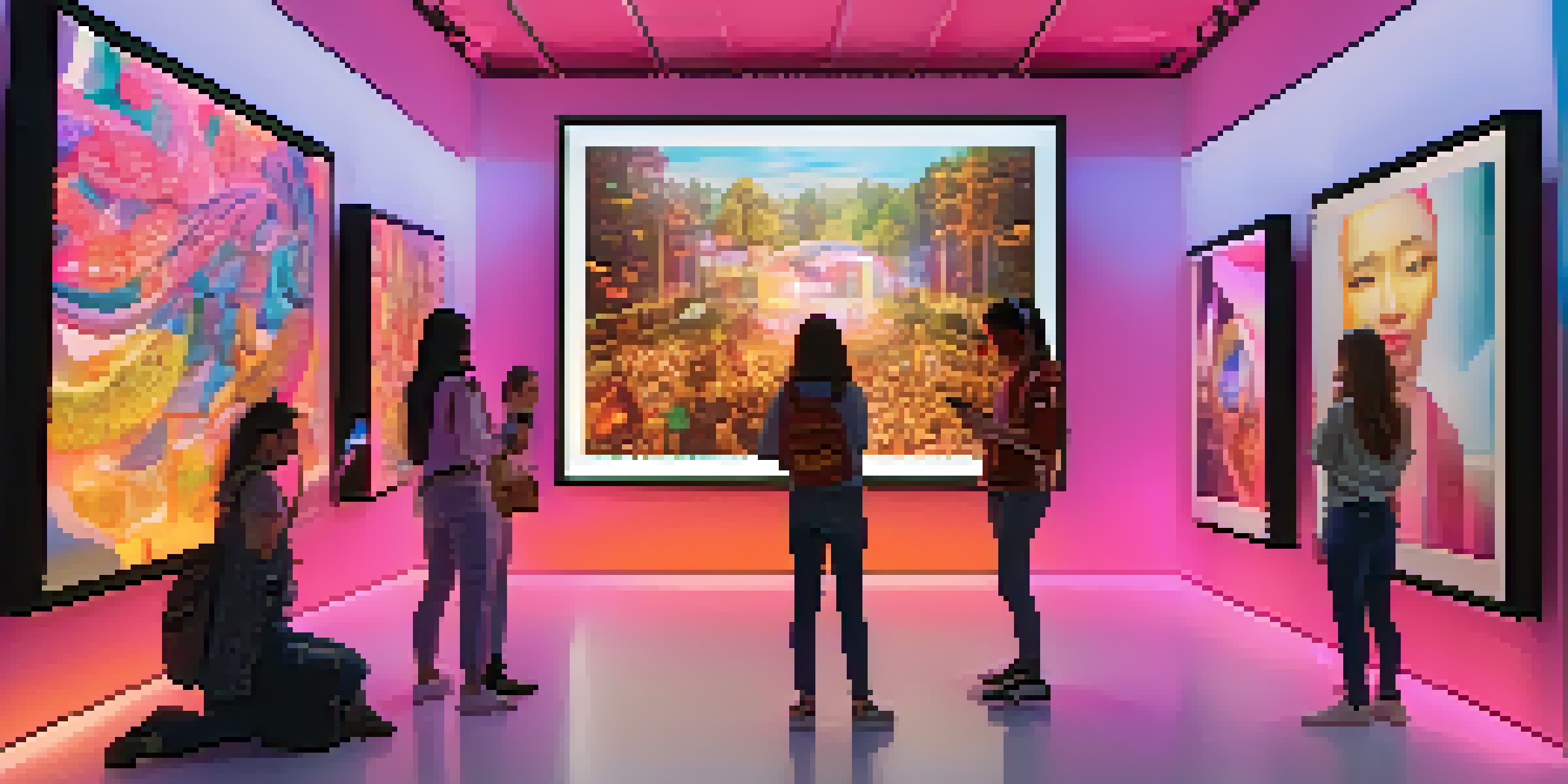 A digital art gallery with visitors interacting with NFTs using smartphones, enhanced by colorful lighting and augmented reality elements.