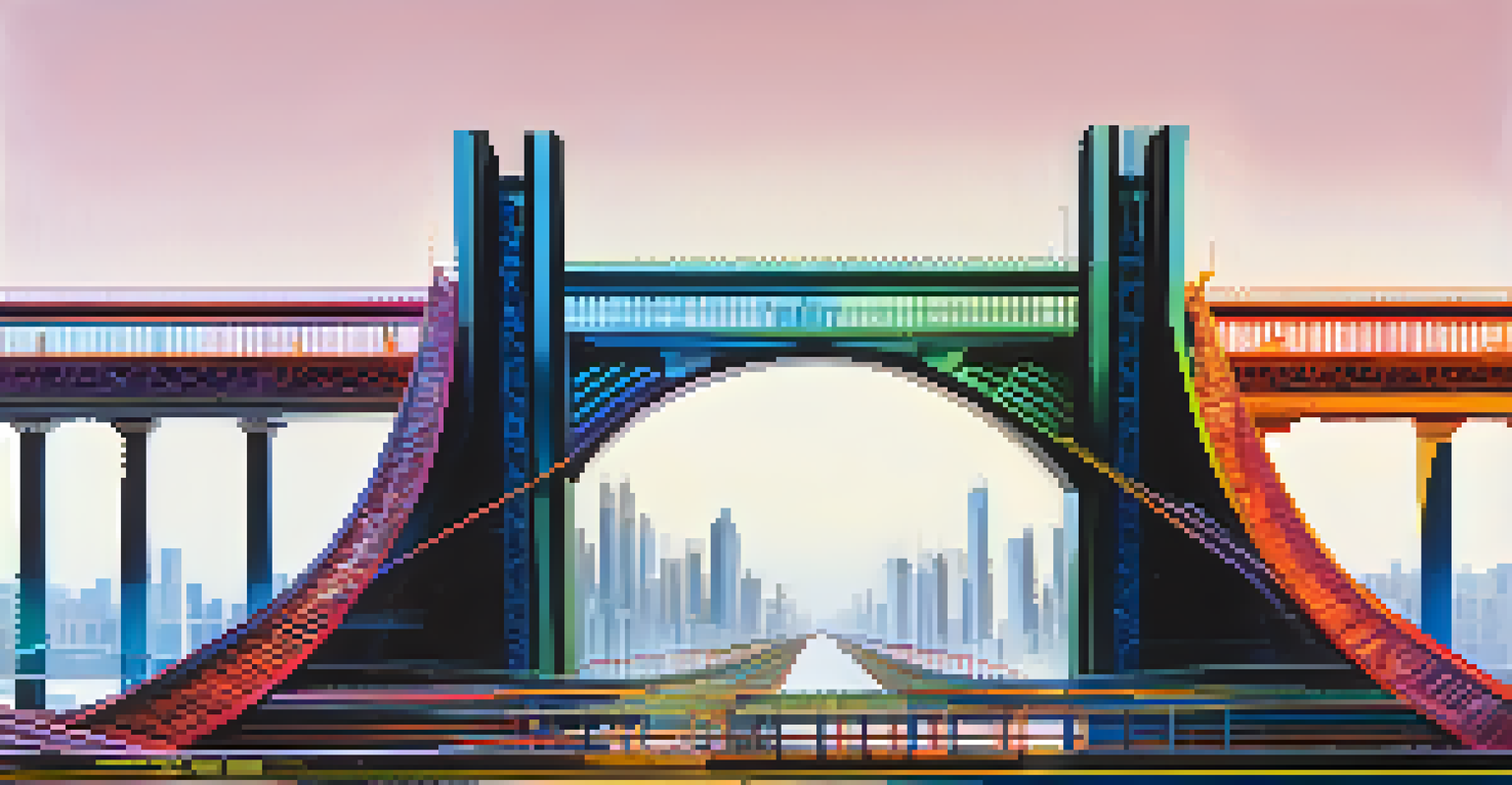 An illustration showing a centralized bridge and a decentralized bridge with contrasting colors and structures.