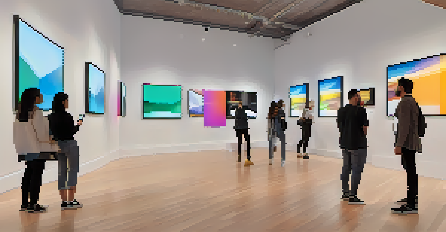 An AR art gallery displaying colorful digital artworks as NFTs, with visitors interacting through devices in a modern setting.