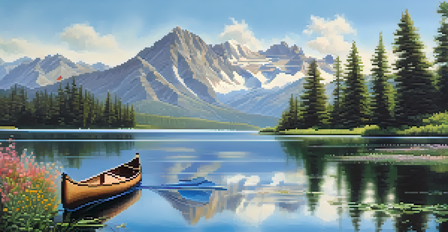 A peaceful lake scene with mountains and wildflowers, featuring a canoe on the water.
