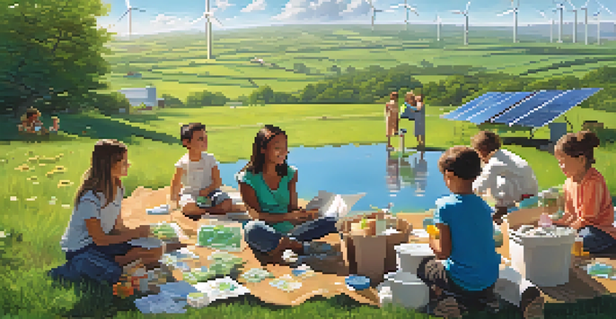 A vibrant landscape depicting a circular economy, featuring people recycling in a green field with solar panels and wind turbines under a sunny sky.
