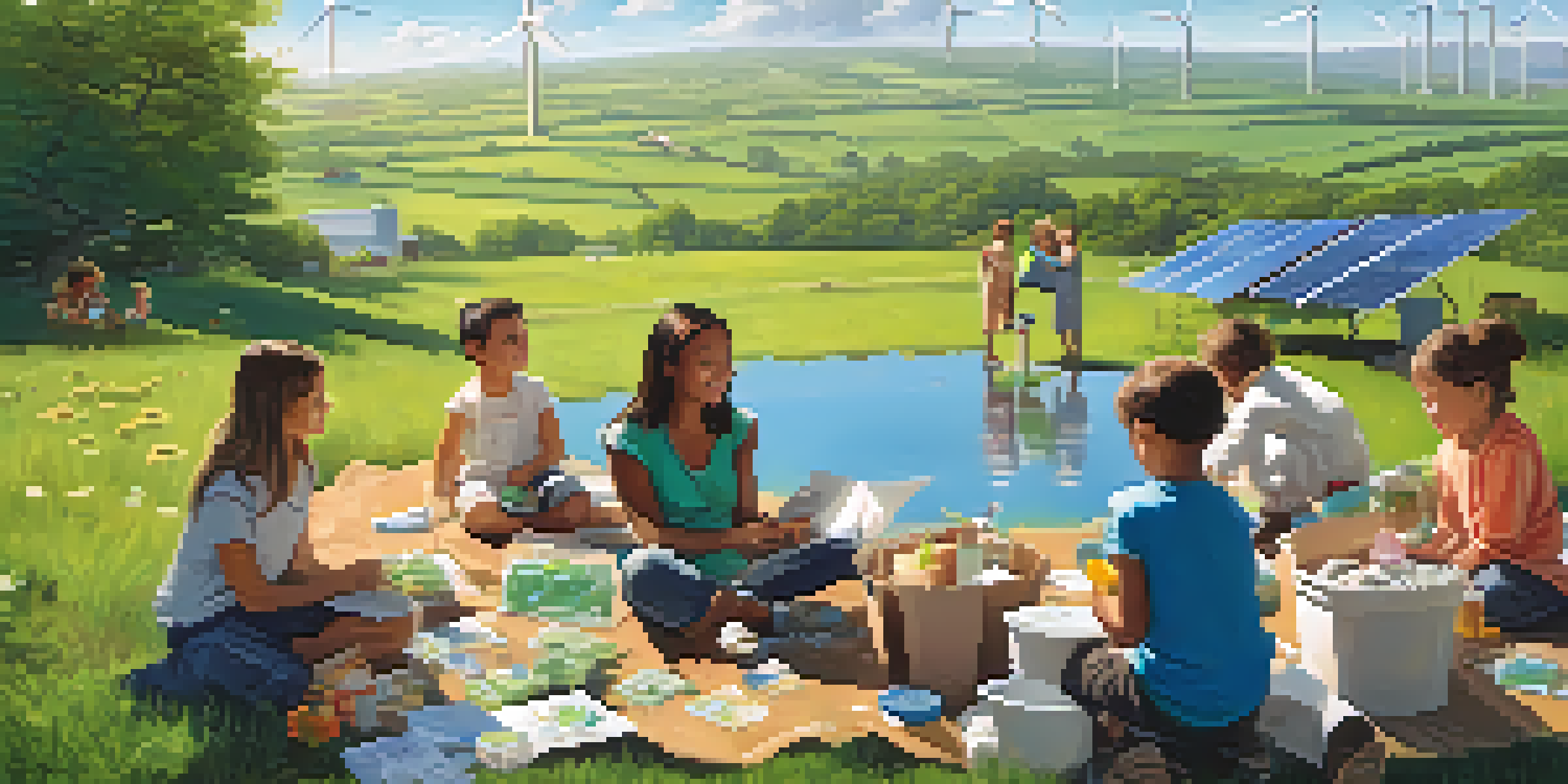 A vibrant landscape depicting a circular economy, featuring people recycling in a green field with solar panels and wind turbines under a sunny sky.