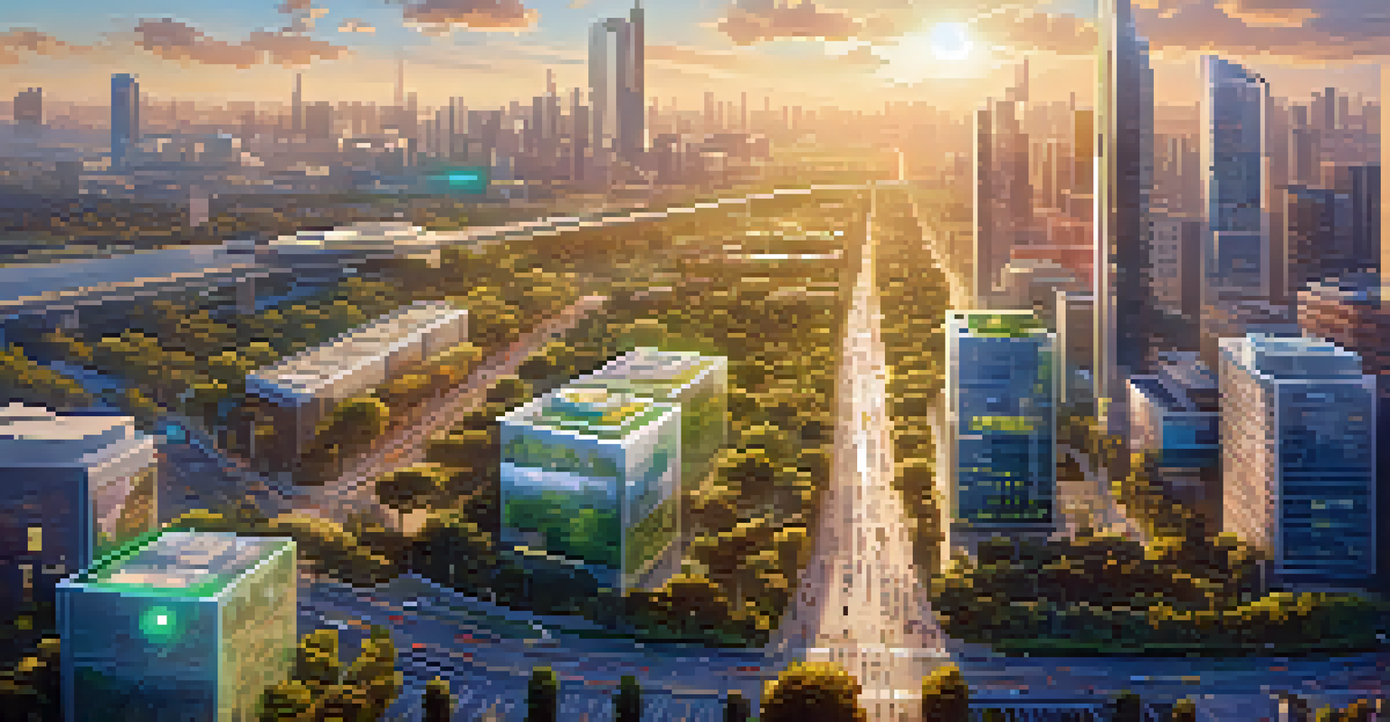 Aerial view of a vibrant smart city with IoT devices monitoring traffic and air quality, illuminated by golden hour sunlight.