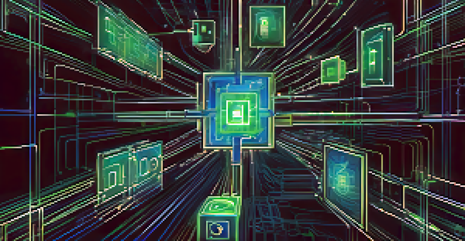 Artistic representation of a blockchain network with glowing interconnected blocks and light trails on a dark background.