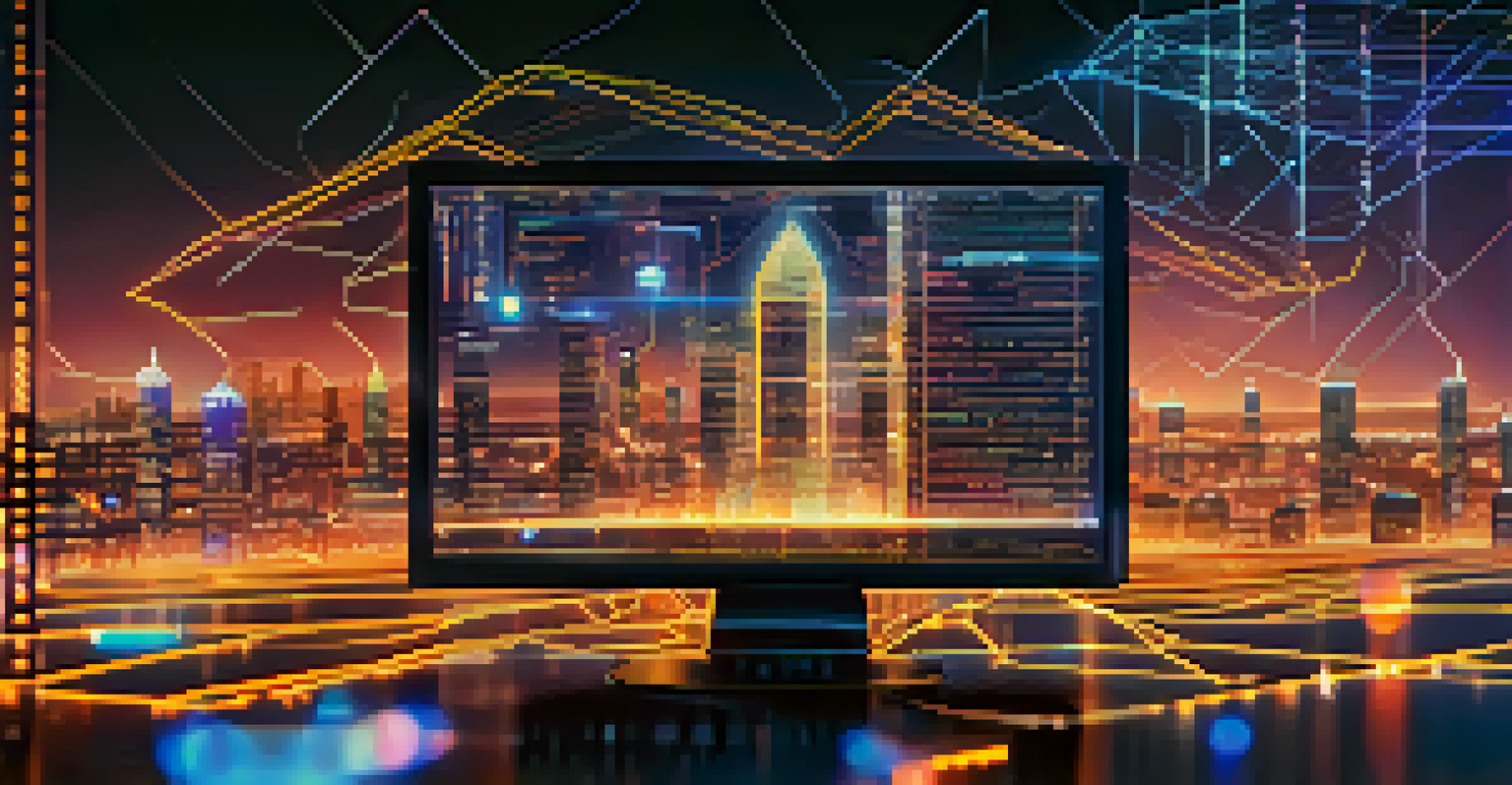 A digital screen displaying a smart contract with lines of code against a futuristic city skyline illuminated by neon lights.