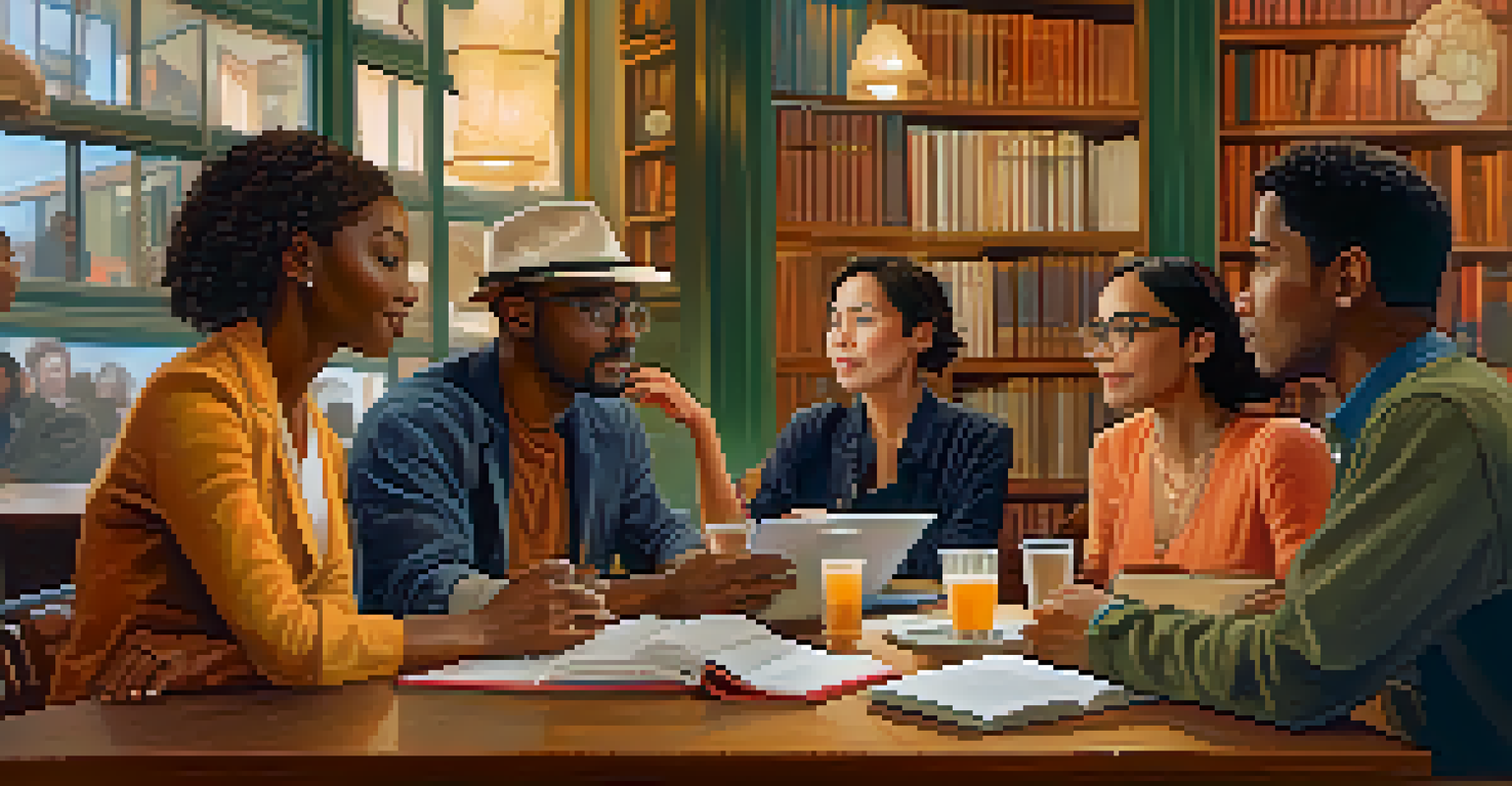 A group of diverse authors sitting around a table in a café, discussing ideas with books and laptops, in a warm and inviting atmosphere.