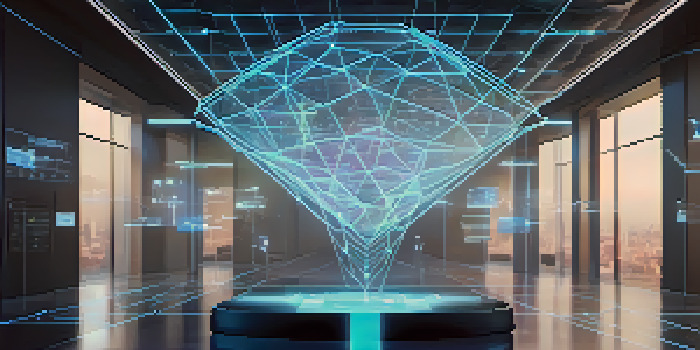 A futuristic digital identity interface with a holographic display and glowing interconnected nodes in a modern workspace.