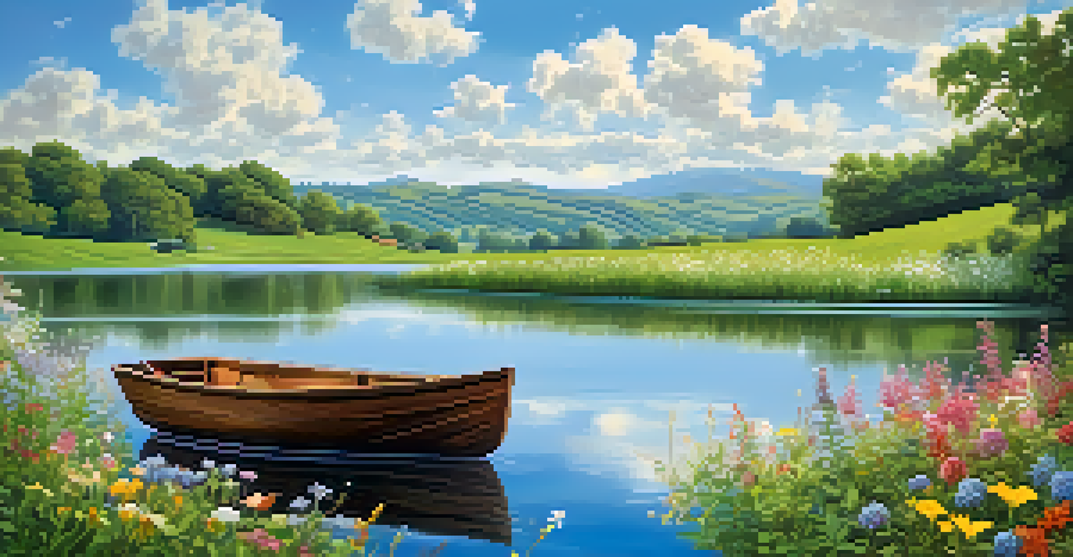 A tranquil landscape featuring rolling green hills, a clear lake, and a small boat surrounded by wildflowers.