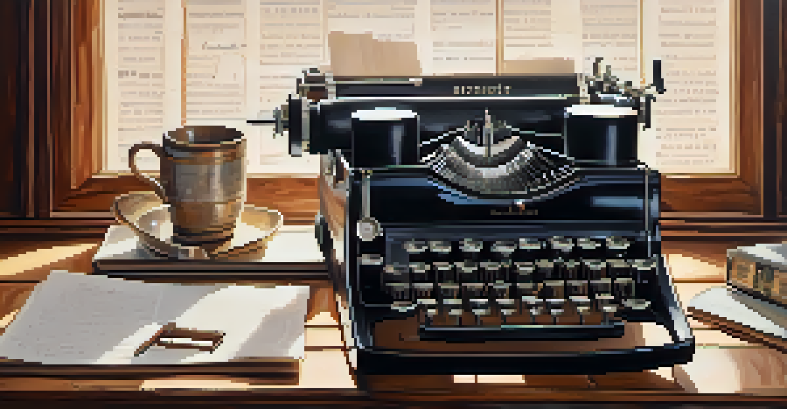 A vintage typewriter on a wooden desk with sheets of handwritten notes around it.