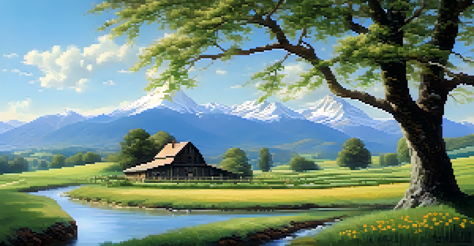 A peaceful countryside landscape with rolling hills, a river, and a farmhouse surrounded by flowers.