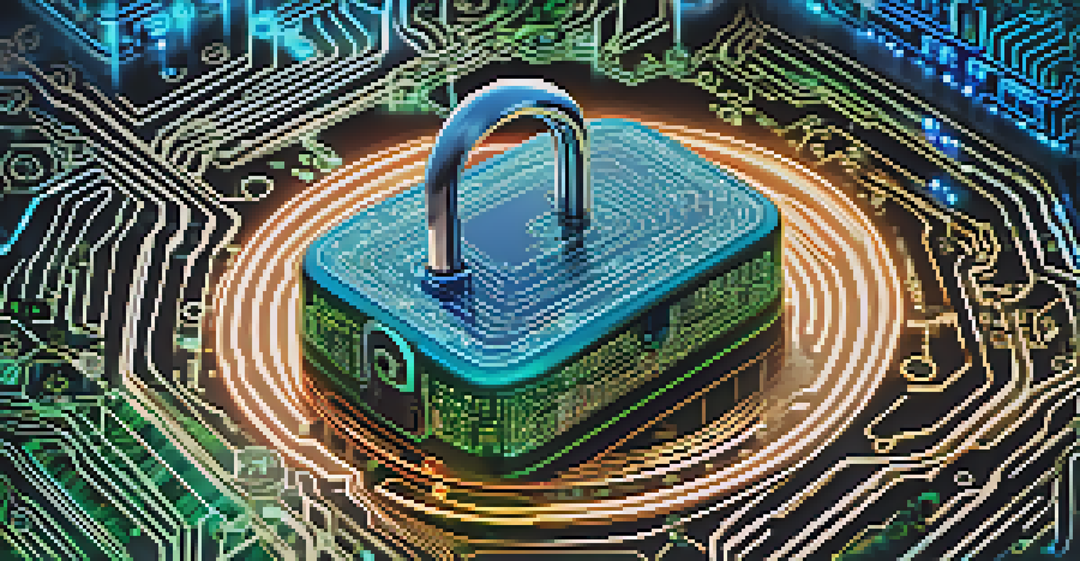 A digital lock and key symbolizing a smart contract, with circuit board patterns in the background.