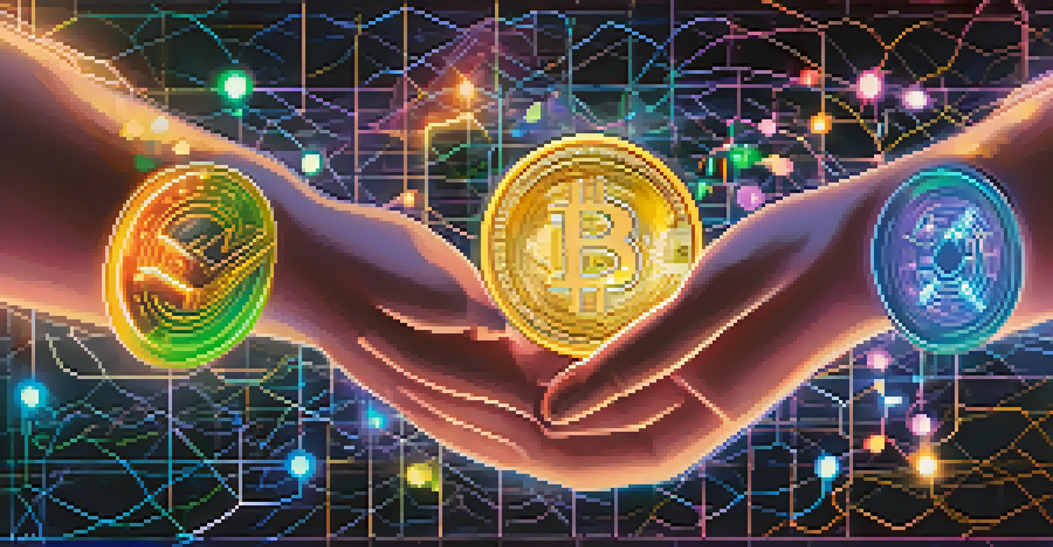 Two hands exchanging colorful tokens in mid-air, symbolizing atomic swaps, with a digital grid background.