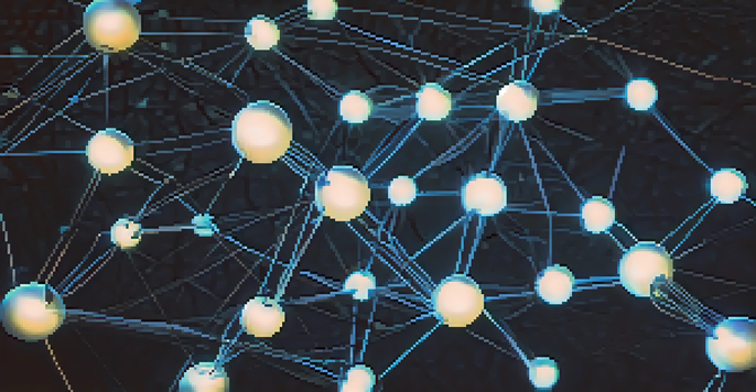 A close-up of a blockchain network with glowing nodes and connecting lines against a dark background.