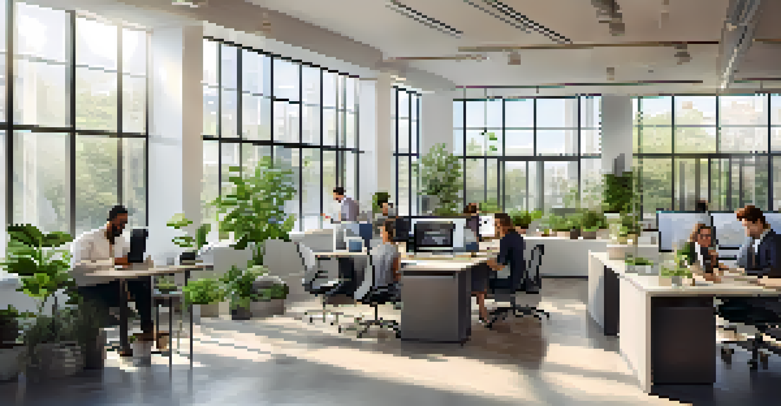 A contemporary office environment where people of different backgrounds are working together over a digital tablet.