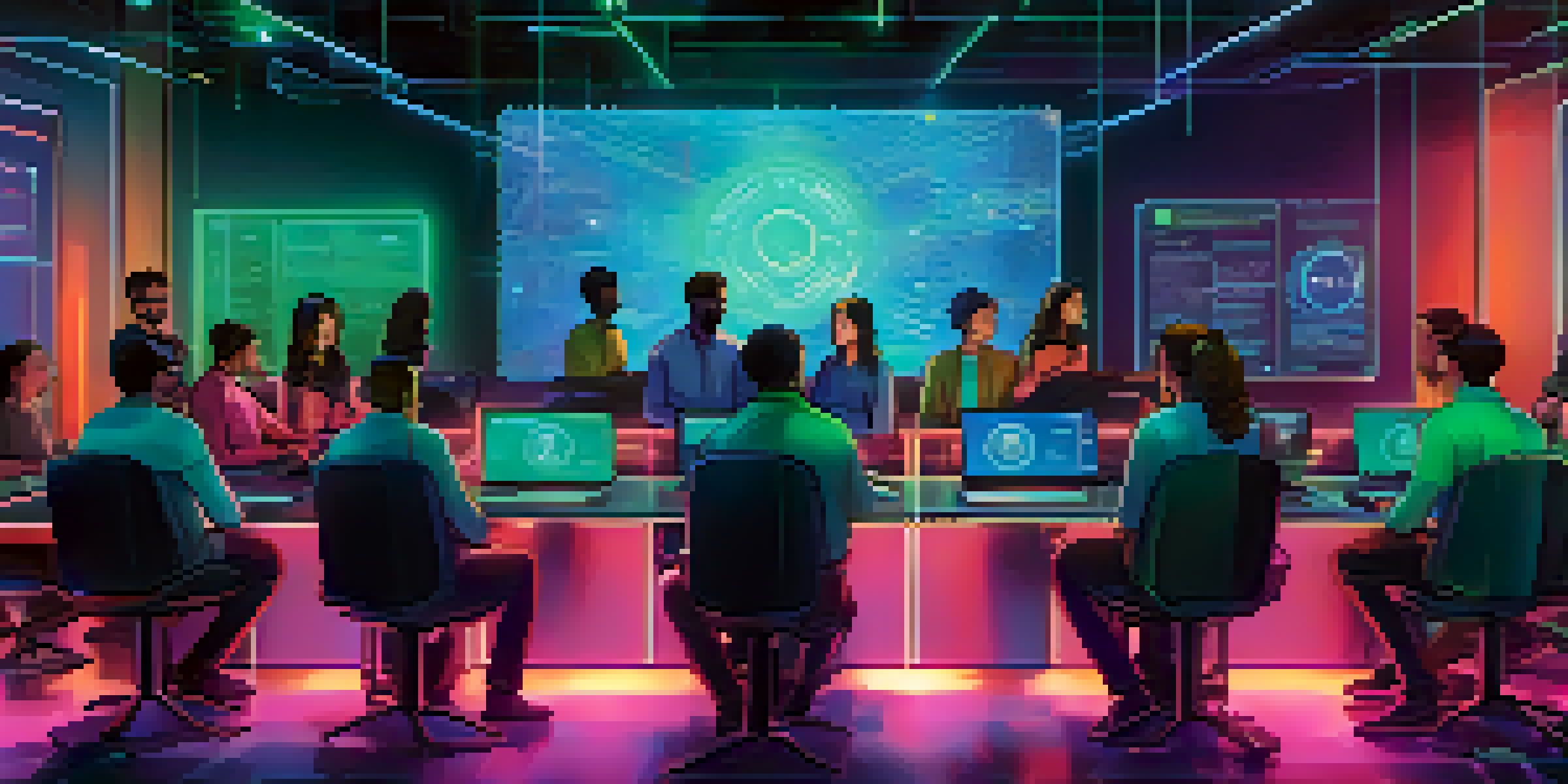 A diverse group of people working together in a high-tech digital environment, surrounded by holographic displays and blockchain data.