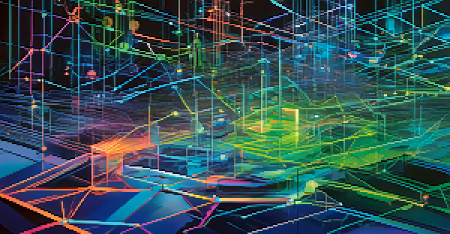 An abstract digital landscape with interconnected nodes and blockchain symbols in blue and green, representing decentralized finance.