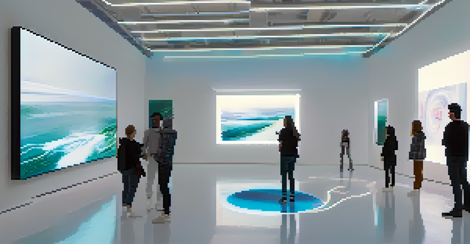 A modern gallery displaying NFT artworks on digital screens, with visitors using AR devices.