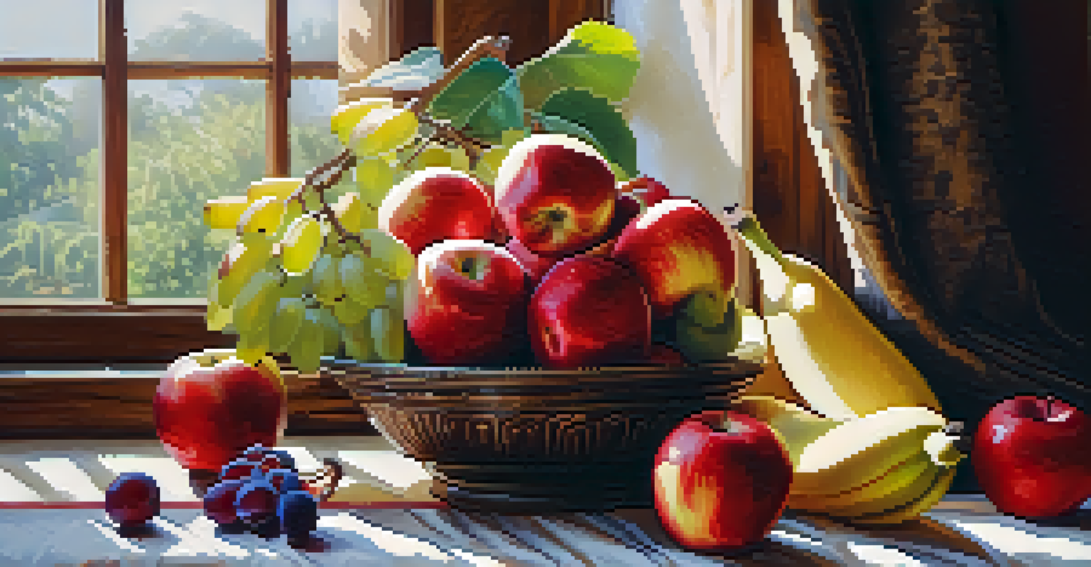 A still life composition of fresh fruits including an apple, grapes, and a banana on a rustic table with soft natural lighting.