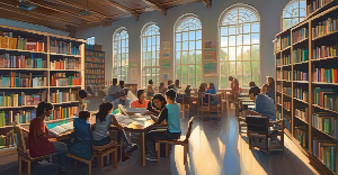 A cozy community library with diverse individuals exchanging books and reading in a warm, inviting environment.