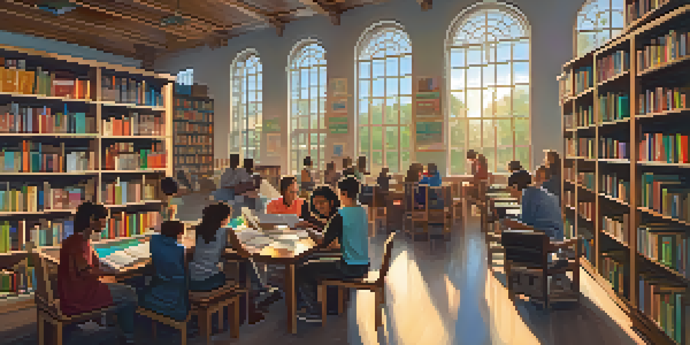 A cozy community library with diverse individuals exchanging books and reading in a warm, inviting environment.