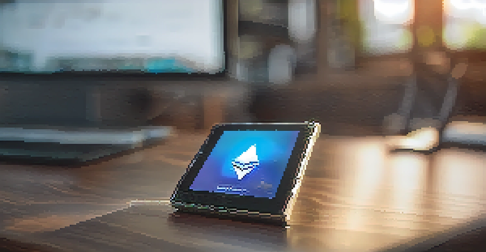 A detailed image of an Ethereum hardware wallet on a wooden desk, showing a digital screen with transaction details, illuminated by soft natural light.