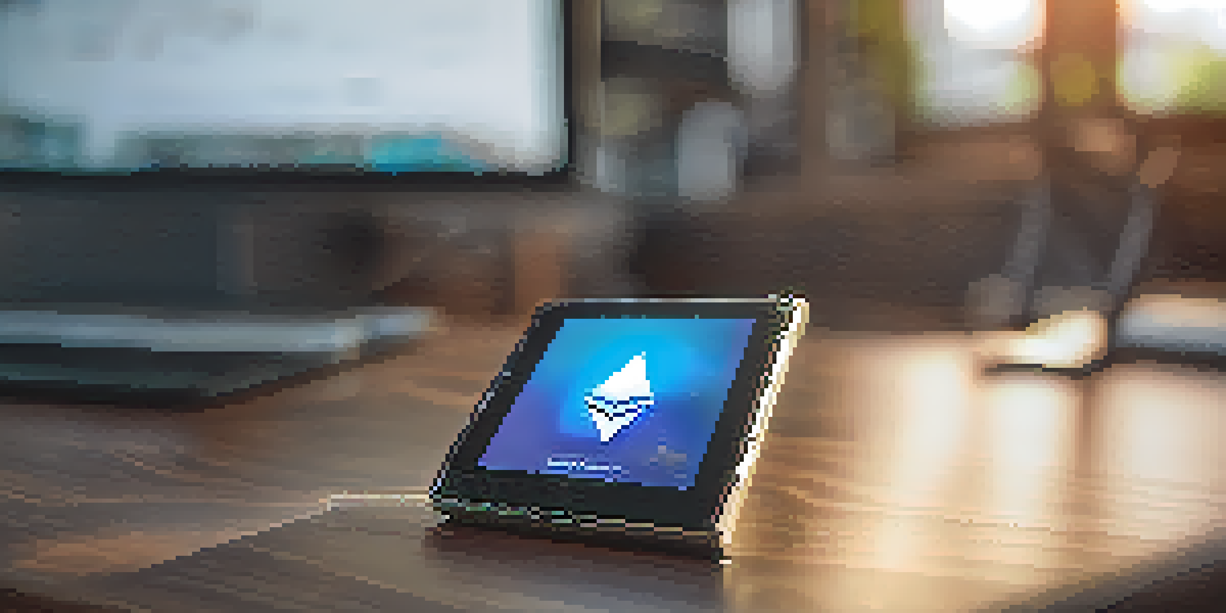 A detailed image of an Ethereum hardware wallet on a wooden desk, showing a digital screen with transaction details, illuminated by soft natural light.
